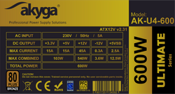 ATX Power Supply 600W Akyga AK-U4-600 P4+4 PCI-E 6 pin 6+2 pin 6x SATA APFC 80+ bronze FAN 12cm