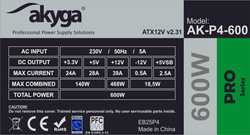 ATX Power Supply 600W Akyga AK-P4-600 Semi-Modular P4+4 PCI-E 6 pin 6+2 pin 5x SATA 2x Molex FAN 12cm