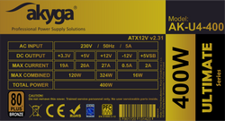 Zasilacz ATX 400W Akyga AK-U4-400 P4+4 PCI-E 6 pin 6+2 pin 6x SATA APFC 80+ Bronze FAN 12cm