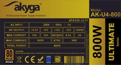 ATX Power Supply 800W Akyga AK-U4-800 P4+4 PCI-E 6 pin 6+2 pin 6x SATA APFC 80+ bronze FAN 12cm