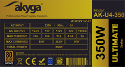 ATX Power Supply 350W Akyga AK-U4-350 P4+4 PCI-E 6+2 pin 4x SATA APFC 80+ Bronze FAN 12cm