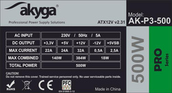 ATX Power Supply 500W Akyga AK-P3-500 P4+4 2x PCI-E 6+2 pin 5x SATA 2x Molex PPFC FAN 12cm