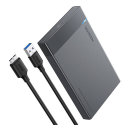 Ugreen enclosure for HDD/SSD, compatible with SATA 2.5'' drives, offers USB 3.2 Gen 1 (5 Gbps) connectivity through a micro USB SuperSpeed port. It comes with an included 0.5m black cable.