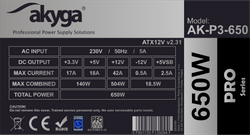 Zasilacz ATX 650W Akyga AK-P3-650 P4+4 PCI-E 6 pin 6+2 pin 5x SATA Molex PPFC RGB FAN 12cm