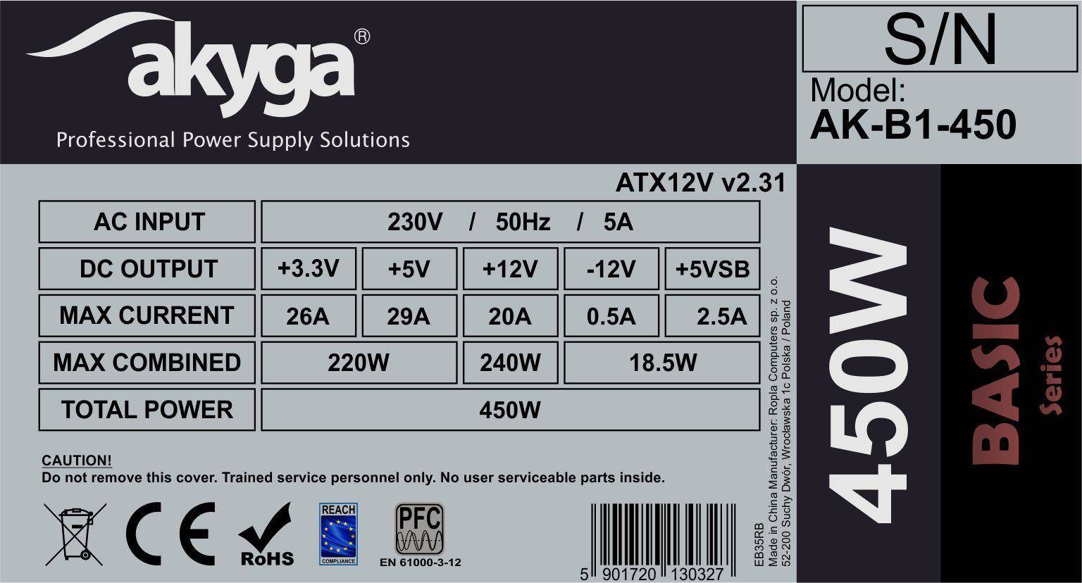 Zasilacz ATX 450W Akyga AK-B1-450 P4 3x SATA 2x Molex PPFC FAN 12cm